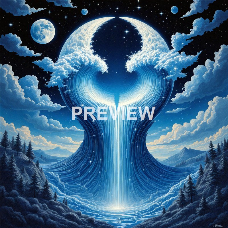 A surreal digital artwork depicting a massive, glowing waterfall flowing from a celestial, moon-like sphere in the sky, surrounded by clouds, stars, and distant mountains, with a dark blue and luminous color palette.